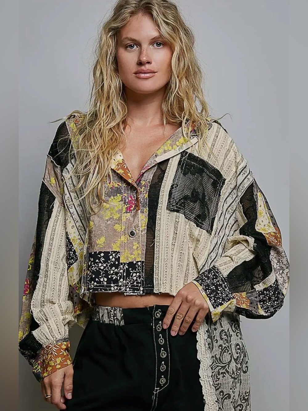 NEW Pol Patchwork Crochet Button-Front Cropped Jacket Shirt - Picture 2 of 6